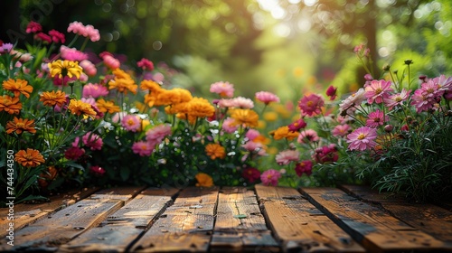 Springtime Montage, Wooden Table Against Blurred Garden © Rafhan Aldiz