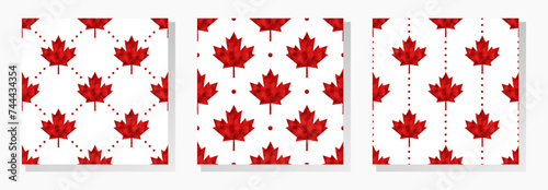 Canadian vector seamless patterns collection. Red low poly maple leaves and dots on white background.