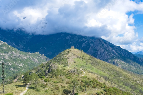 Corsica, the ruin of the Pasciola fortress in the mountain, wild landscape
