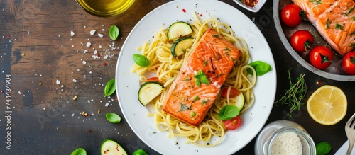 Delicious plate of pasta with grilled salmon, roasted vegetables, and fresh herbs on a rustic table