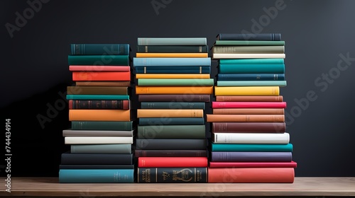 A stack of colorful books neatly arranged on a desk.
