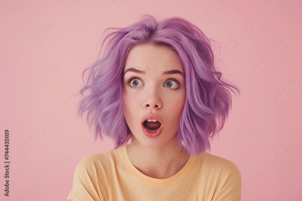 Surprised woman with a purple hair. Shocked girl studio portrait on a pink background. AI generated