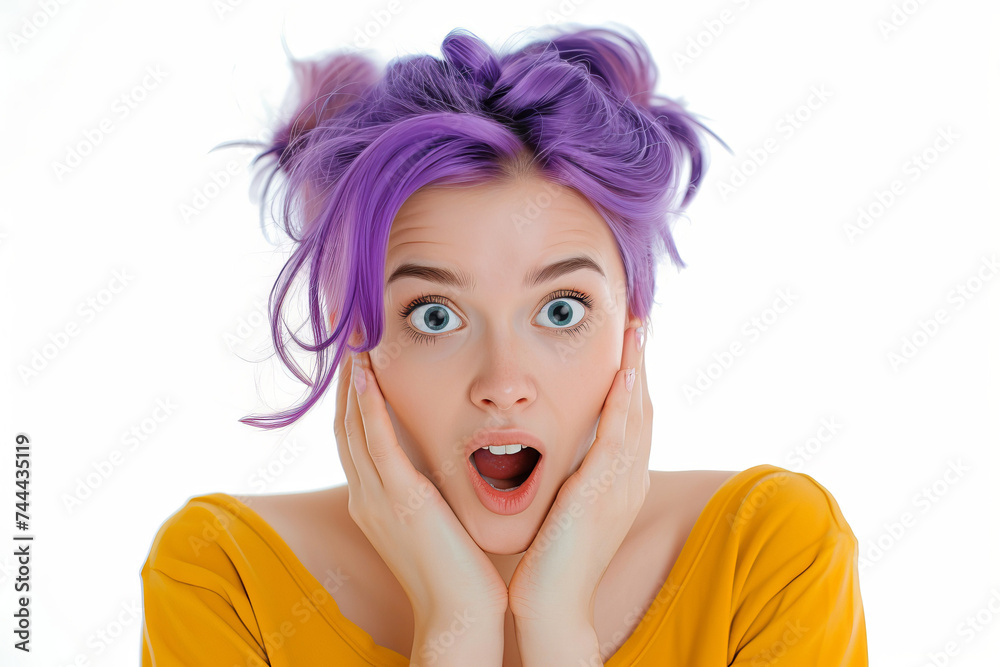 Surprised woman with a purple hair. Shocked girl studio portrait on a white background. AI generated