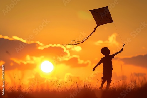 Happy child flying a kite at sunset. AI generative