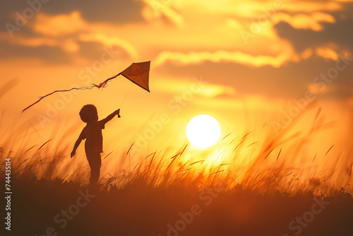 Happy child flying a kite at sunset. AI generative