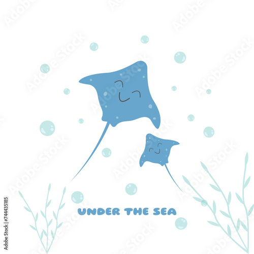 Sea stingray, underwater, kawaii flat style, sea horse, seaweed, bulbs. Vector sea animals, with text, printable for print and web, illustration eps 10.