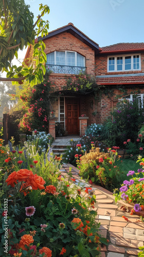 A charming suburban abode with an AI-managed smart irrigation system, ensuring optimal hydration for the vibrant flower beds and thriving garden, showcasing efficiency and eco-friendliness.
