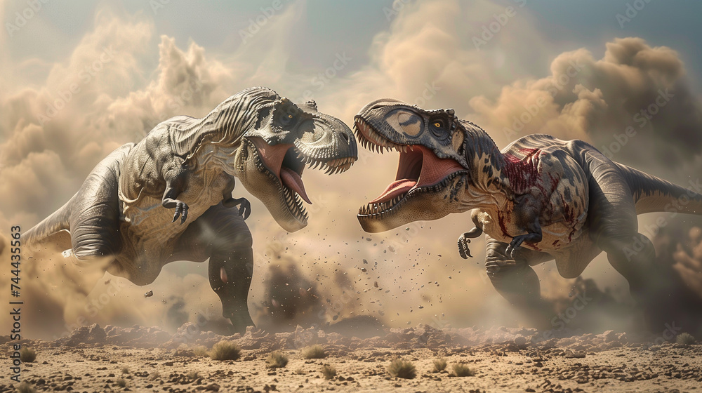 Obraz premium Two Tyrannosaurus Rex are fighting in a cloud of dust