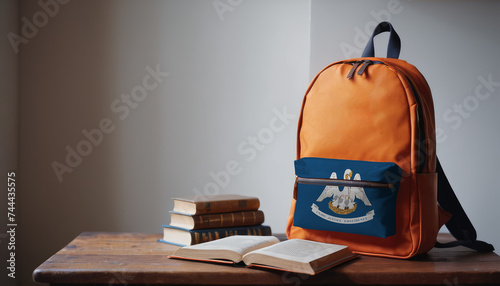 Back to school and happy time! Pile of books and backpack with Louisiana flag on the desk at the elementary school.