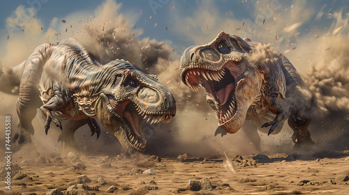 Two Tyrannosaurus Rex are fighting in a cloud of dust © stockdevil