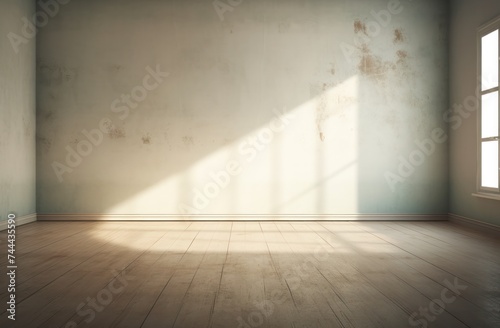 empty room with sunlight from window soft withe brown dirty cream wall wood floor
