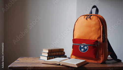 Back to school and happy time! Pile of books and backpack with Tennessee flag on the desk at the elementary school.