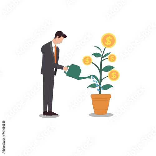 business concept, man watering pot growing money, business template, flat illustration design