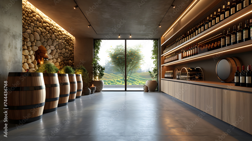 A large luxury wine cellar with wooden barrels, shelves of wine, and a circular bar in the center. A large luxury wine cellar with wooden barrels, shelves of wine, and a circular bar in the center.