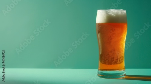 A glass of beer on a green background. Yellow liquid with bubbles and foam in a glass.