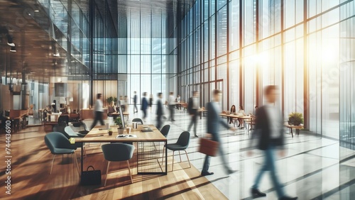 Business people walking in modern meeting room with city view and sunlight. 3D Rendering