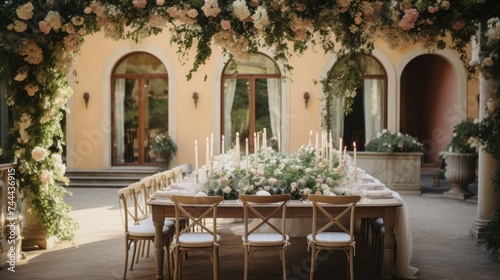 Beautiful Romantic Wedding Dinner Table Decor. Modern floral design, Table with candles, floral arrangements outdoors near the Italian restaurant. © liliyabatyrova