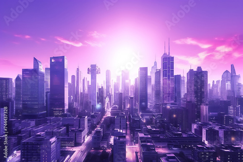 Cityscape with skyscrapers at sunset. 3D rendering.