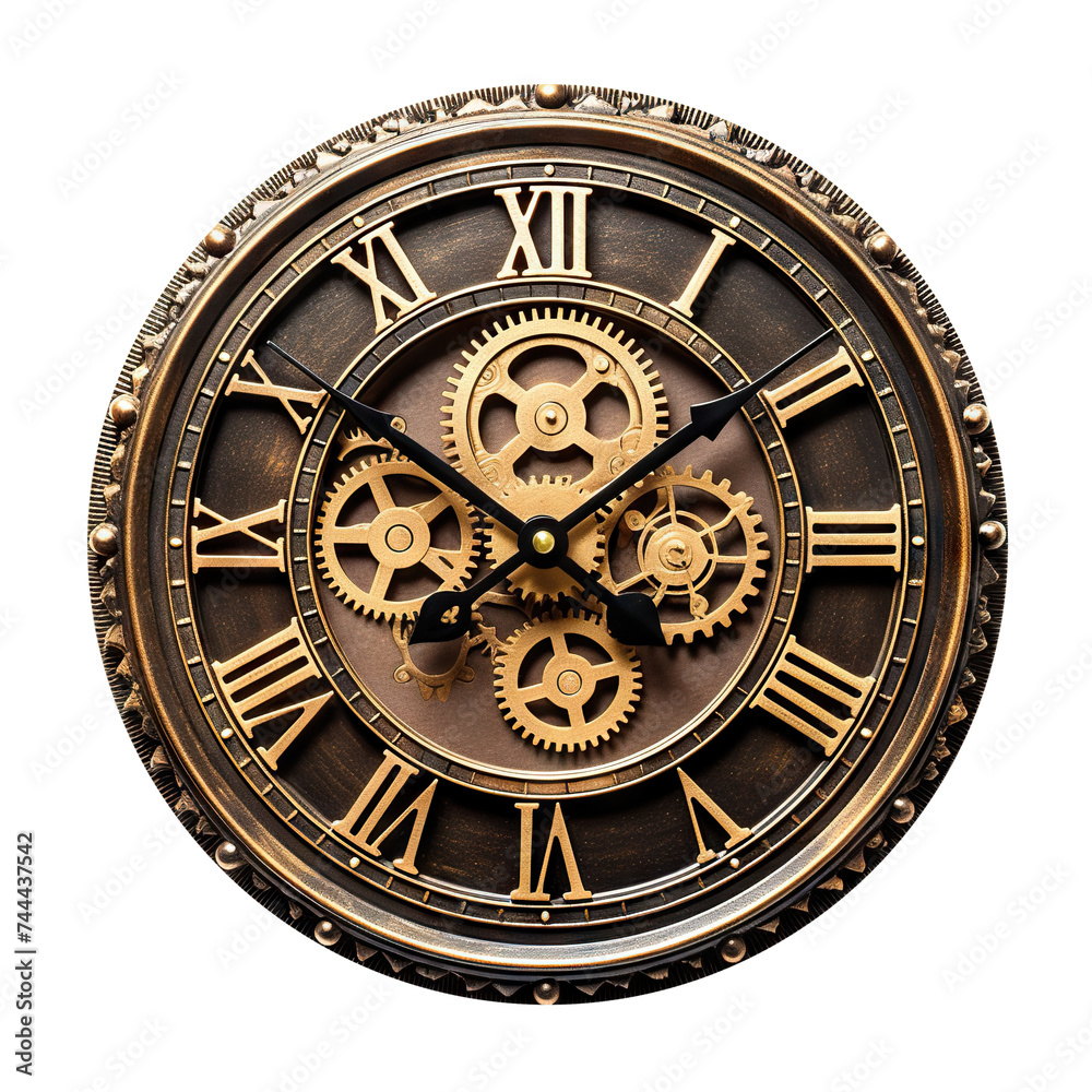 Vintage steampunk clock with exposed gears and Roman numerals, cut out ...