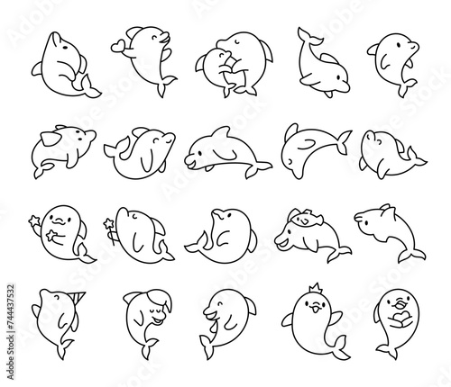 Cute kawaii dolphin in different poses. Coloring Page. Funny cartoon marine character. Hand drawn style. Vector drawing. Collection of design elements.