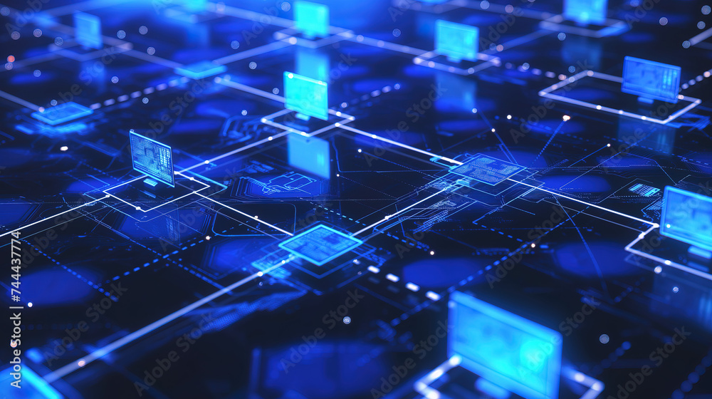 Obraz premium Digital business peer-to-peer connection illustration, futuristic exchange blockchain security datum networking tech structure, web banking information communication infrastructure
