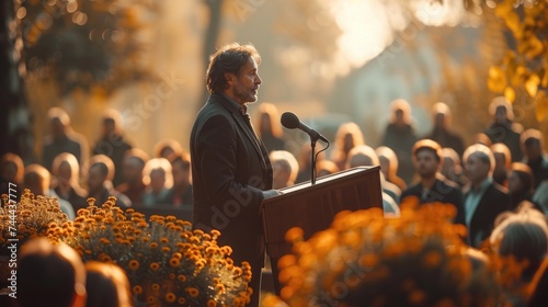 Man Giving Eulogy at Outdoor Funeral Ceremony photo