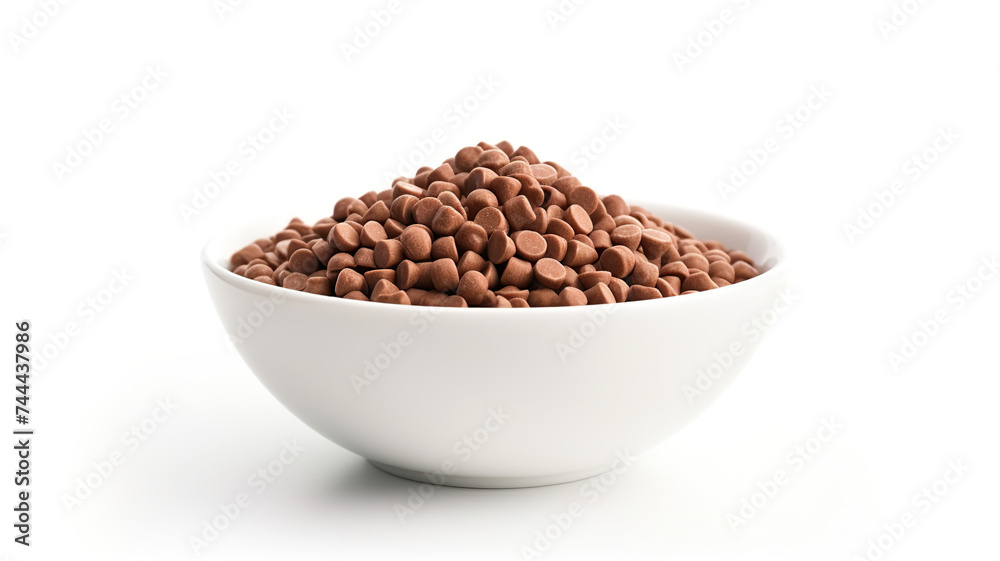 Chocolate cereal isolated in a white bowl against a stark white background Chocolate cereal isolated in a white bowl against a stark white background