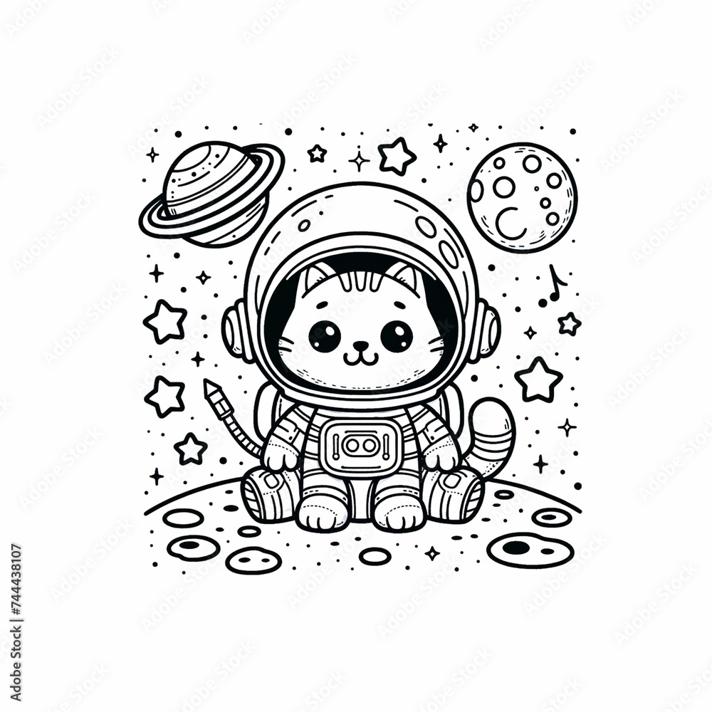 Fototapeta Coloring kids book page with astronaut cat