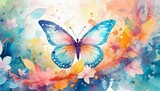 background with butterfly, Wallpaper texter butterfly on a pink background, Watercolor Colorful Butterfly