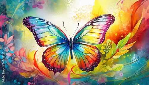 butterfly on a flower background, Wallpaper texter butterfly on a pink background, Watercolor Colorful Butterfly © Bilal