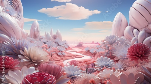 A surreal 3D landscape where oversized flowers reach towards a sky filled with floating geometric shapes and patterns.