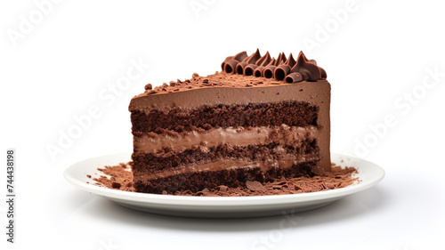 Chocolate cake set apart against a stark white background