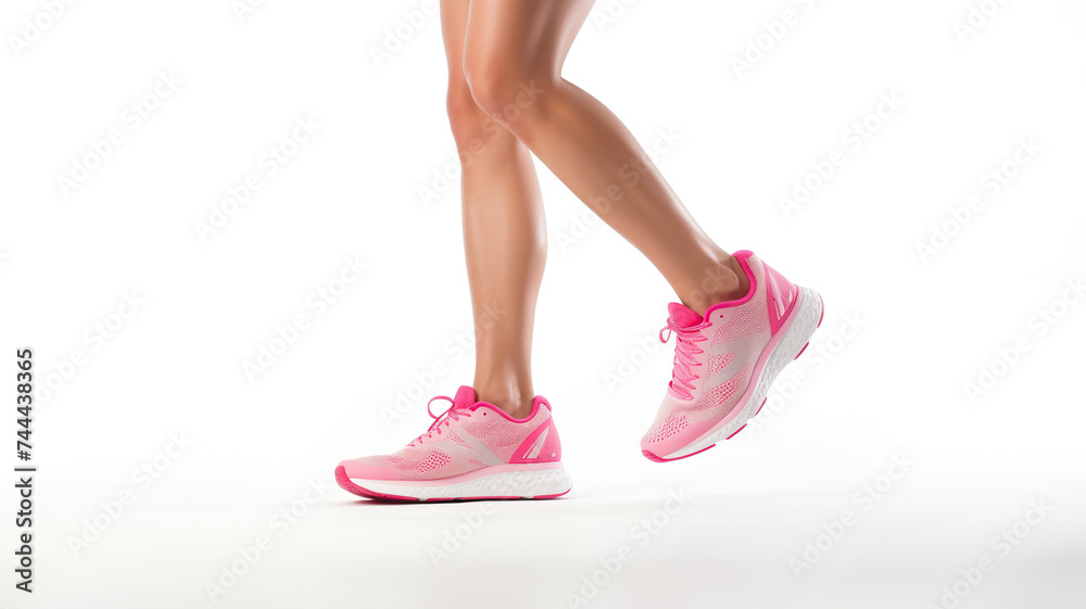 woman exercising in running shoes in a pristine white background in close-up. woman exercising in running shoes in a pristine white background in close-up.