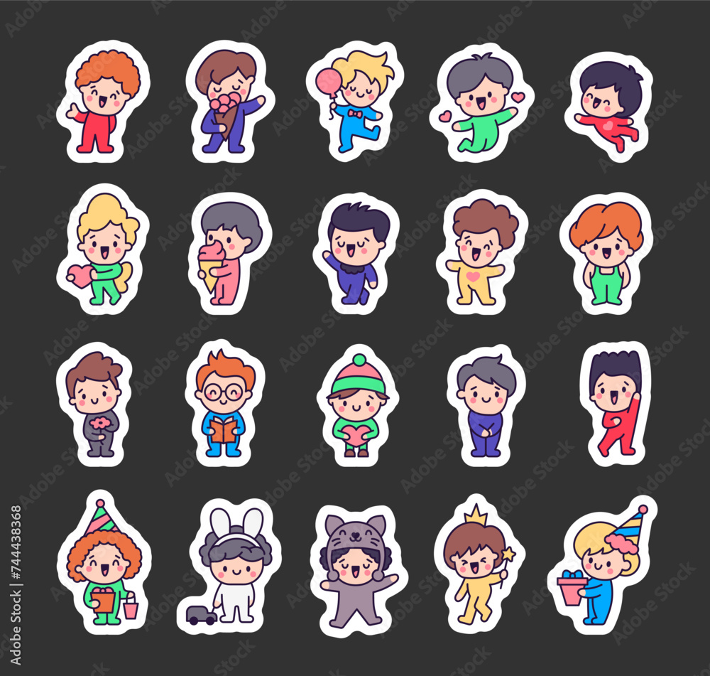 Cute kawaii little boy. Sticker Bookmark. Happy kid cartoon character. Hand drawn style. Vector drawing. Collection of design elements. Cute kawaii little boy. Sticker Bookmark. Happy kid cartoon character. Hand drawn style. Vector drawing. Collection of design elements.