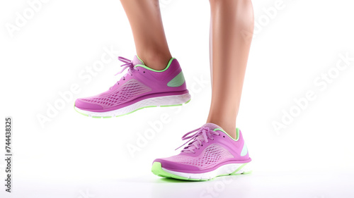 woman exercising in running shoes in a pristine white background in close-up.