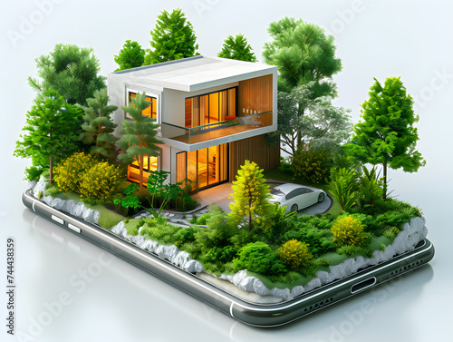 A 3d rendering house is displayed on a smartphone. online sell property © wing