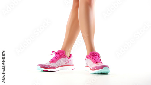 woman exercising in running shoes in a pristine white background in close-up.