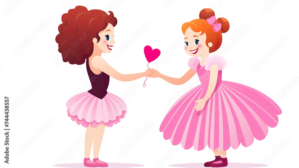 Clown presenting a girl with a pink balloon in an isolated vector illustration on a white background Clown presenting a girl with a pink balloon in an isolated vector illustration on a white background