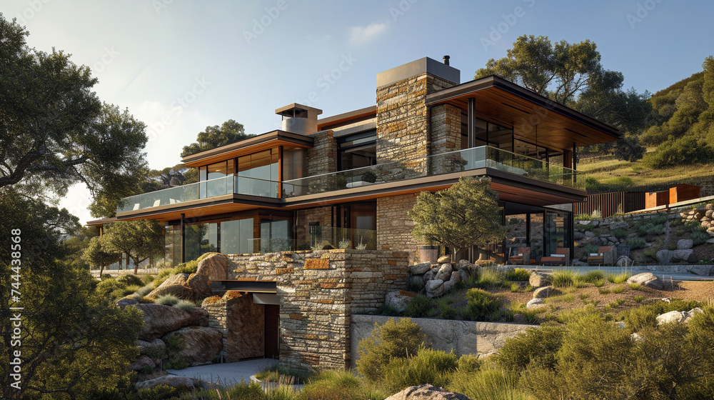 A contemporary residence perched on a hill, its exterior adorned with natural stone accents, offering a perfect balance between modern aesthetics and the rugged beauty of the land.