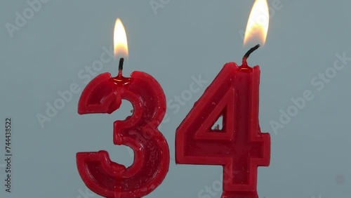 close up on timelapse melting a red number thirty fourth birthday candle on a white background.
 photo