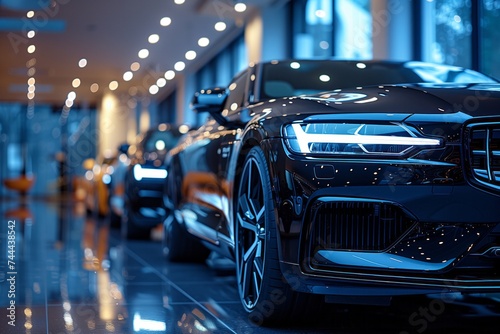 A display of vehicles showcasing automotive design with polished wheels, sleek tires, illuminated automotive lighting, and stylish grilles in a showroom