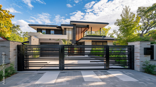 A contemporary suburban dwelling with AI-controlled automated gates and security systems, offering convenience maintaining the aesthetic appeal
