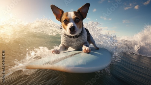 A dog wearing sunglasses is surfing in the waves on an ocean beach during the summer holidays. Sports and an active lifestyle. Entertainment at the resort during your vacation. © Cherkasova Alie