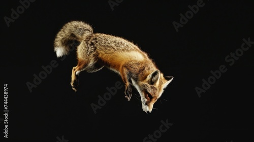 Fox jump on a black background. Flying animal. 