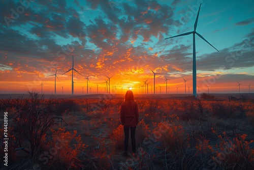 A woman is surrounded by wind turbines in a natural landscape at sunset, with a red sky afterglow and orange lighting. The atmosphere is peaceful and filled with electricity