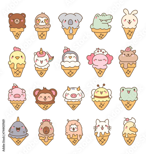 Cute animals with ice cream in waffle cone. Cartoon funny food dessert. Hand drawn style. Vector drawing. Collection of design elements.