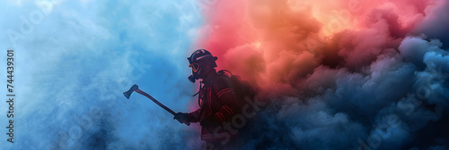 Fireman with axe in the smoke.