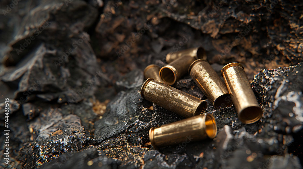 Spent shell casings rest on a dark surface
