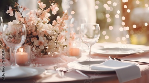 Close-up of the Restaurant tables with luxurious delicate pink and white serving, flowers, Candles, Glasses and plates, set for a special event, Birthday, Anniversary, Wedding. Festive Decor, Design.