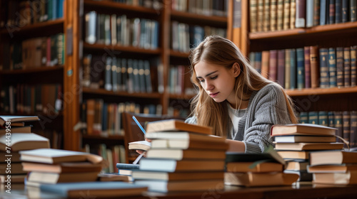 A law student sits and reads a book in the library, Ai Generated Images